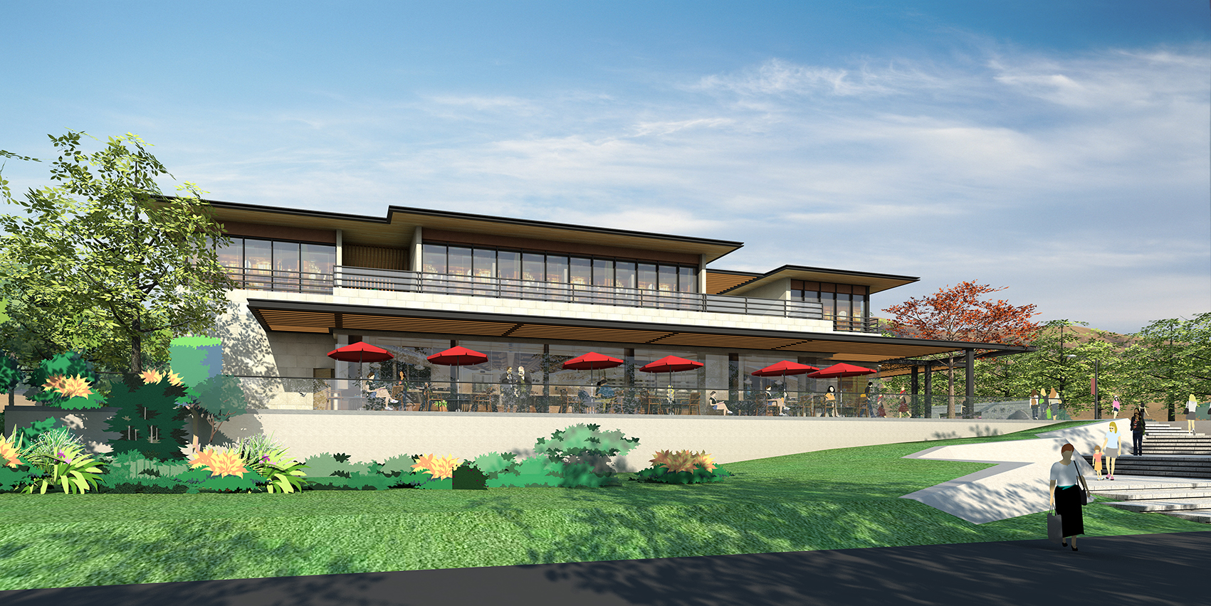 我可以可以完成建筑的外观设计，并提供两张不同角度的效果展示