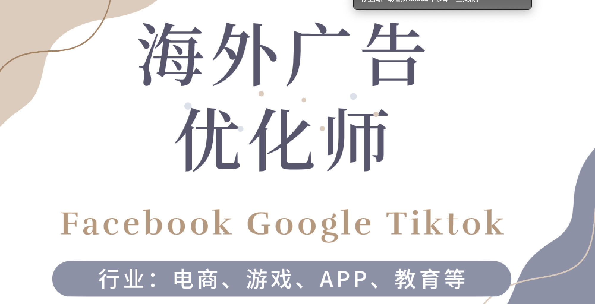 我可以完成7大海外渠道投放优化，包括Mintegral，Applovin，Tiktok等